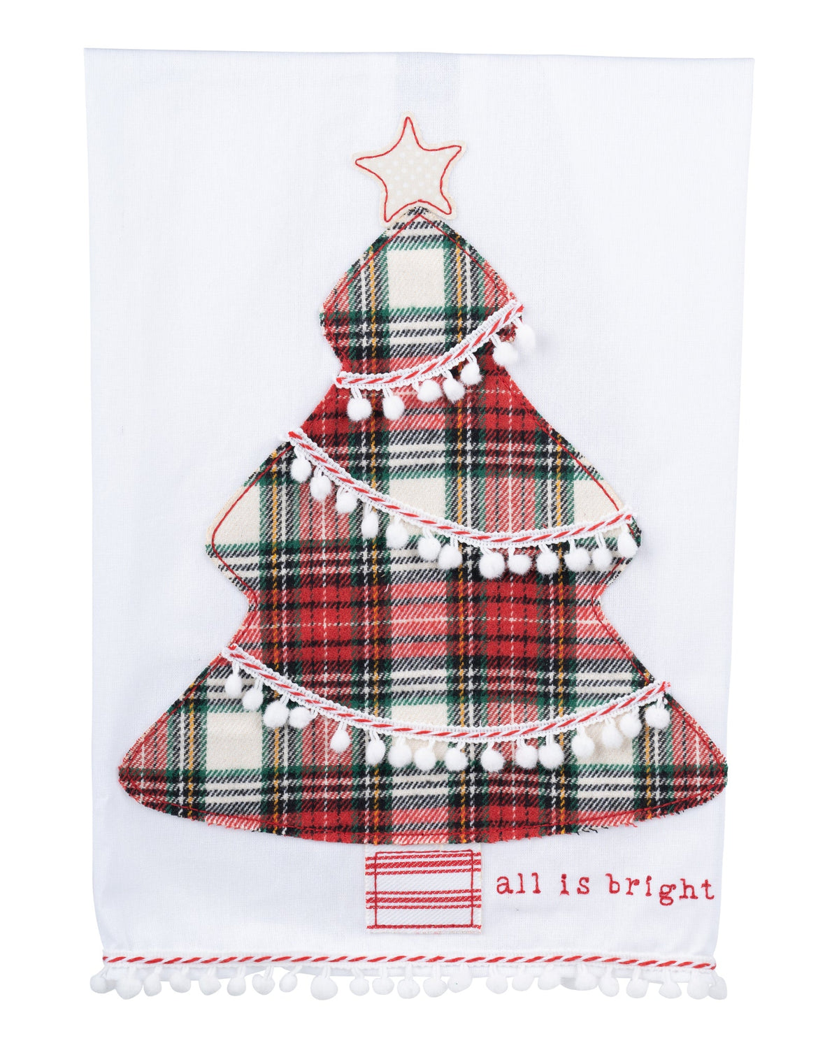 Christmas Cheer All Year All Is Bright Kitchen Towel with plaid embroidered pom pom trim by Glory Haus
