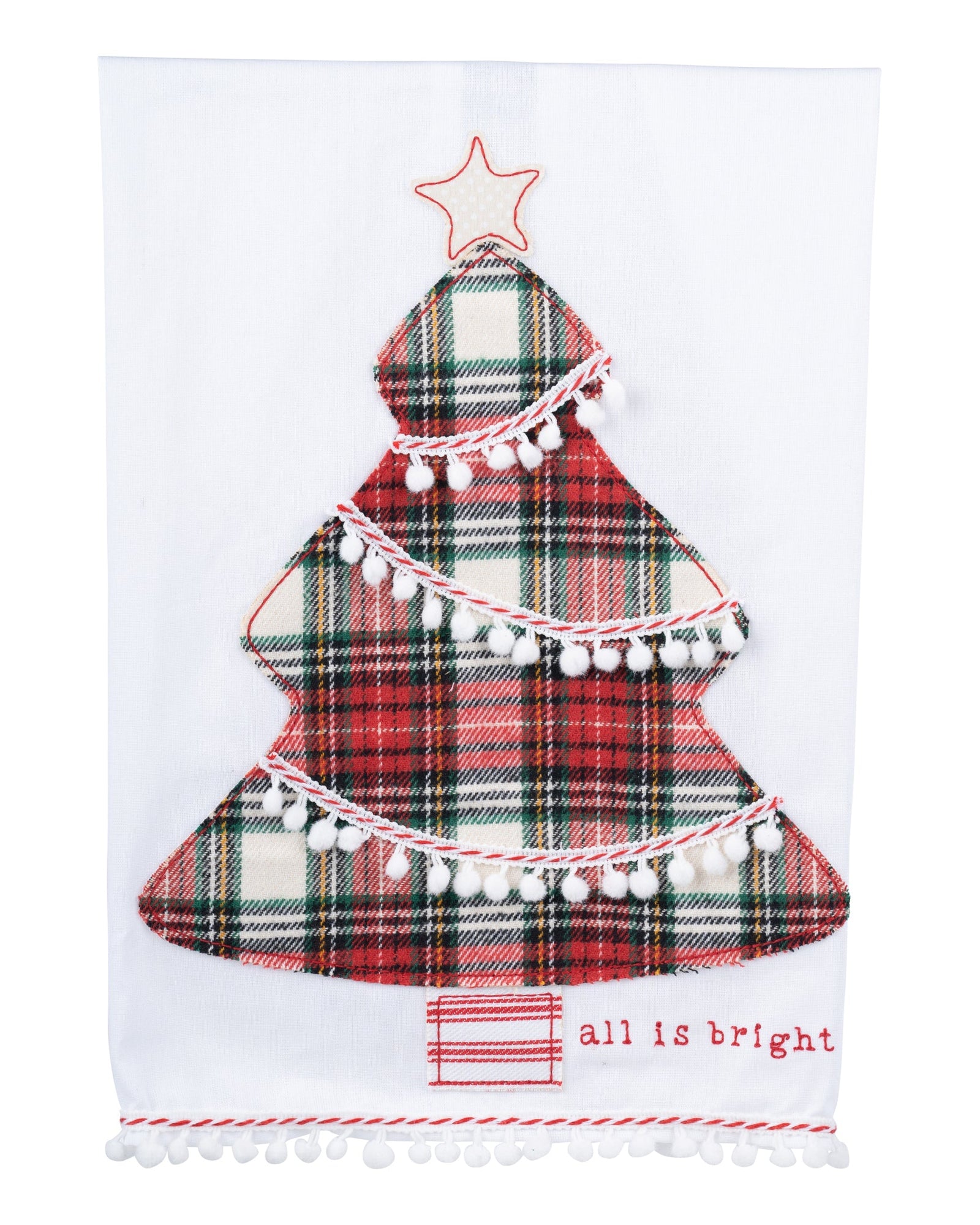 Christmas Cheer All Year All Is Bright Kitchen Towel with plaid embroidered pom pom trim by Glory Haus