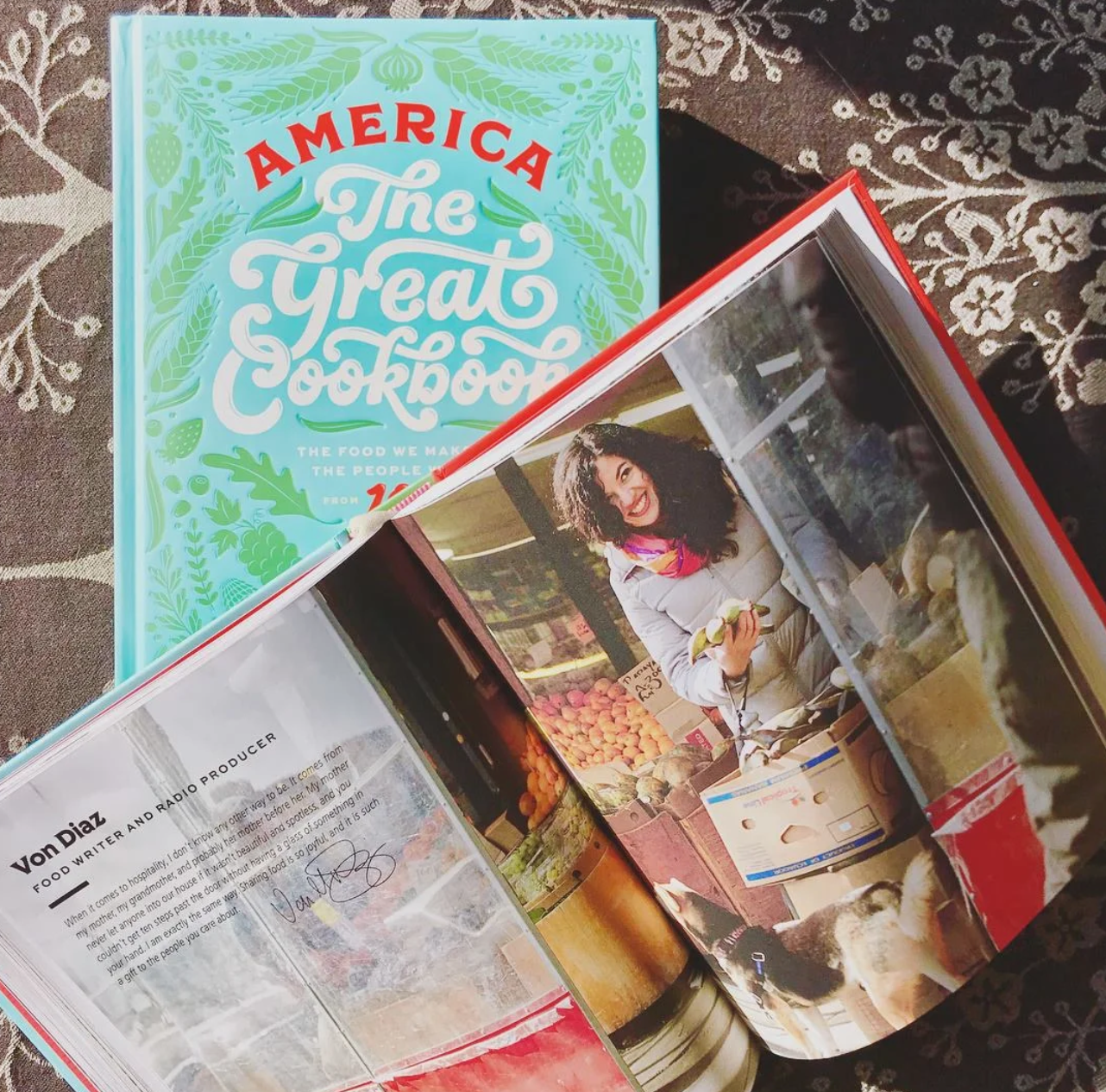America the Great Cookbook with pages opened 100 Top American Food Personalities and their recipes Christmas Cheer All Year