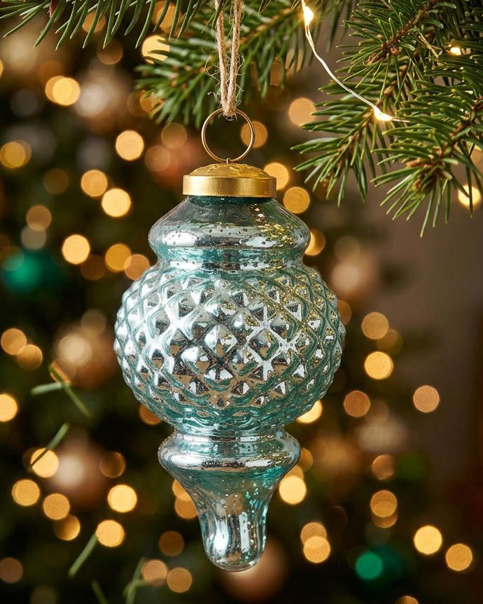Christmas Cheer All Year Aqua Mercury Glass Retro Finial Ornament Park Hill Collection Midcentury 