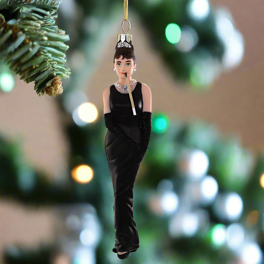 Christmas Cheer All Year Audrey Hepburn Holly Golightly Breakfast at Tiffanys Glass Ornament by Cody Foster and Co