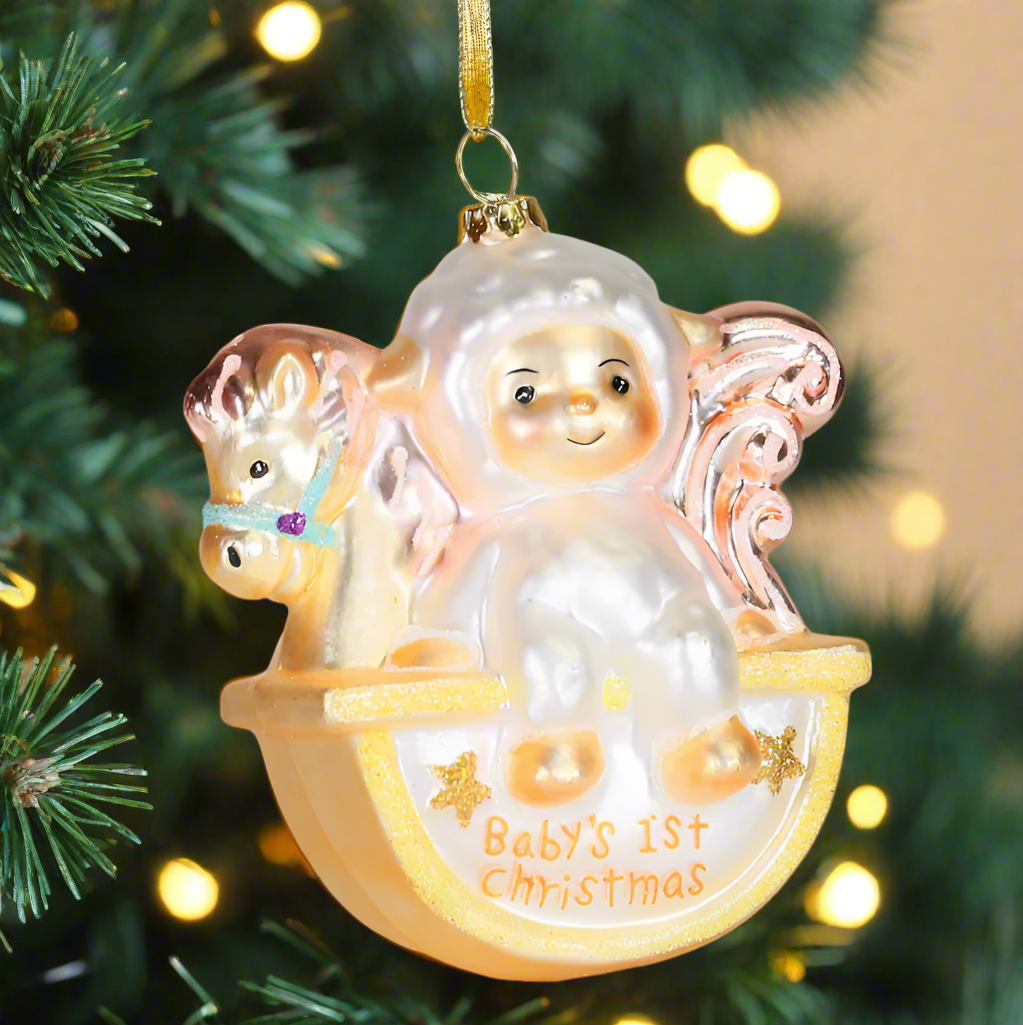 The Canton Christmas Shop Baby&#39;s First Christmas Rocking Horse Ornament with moon and stars