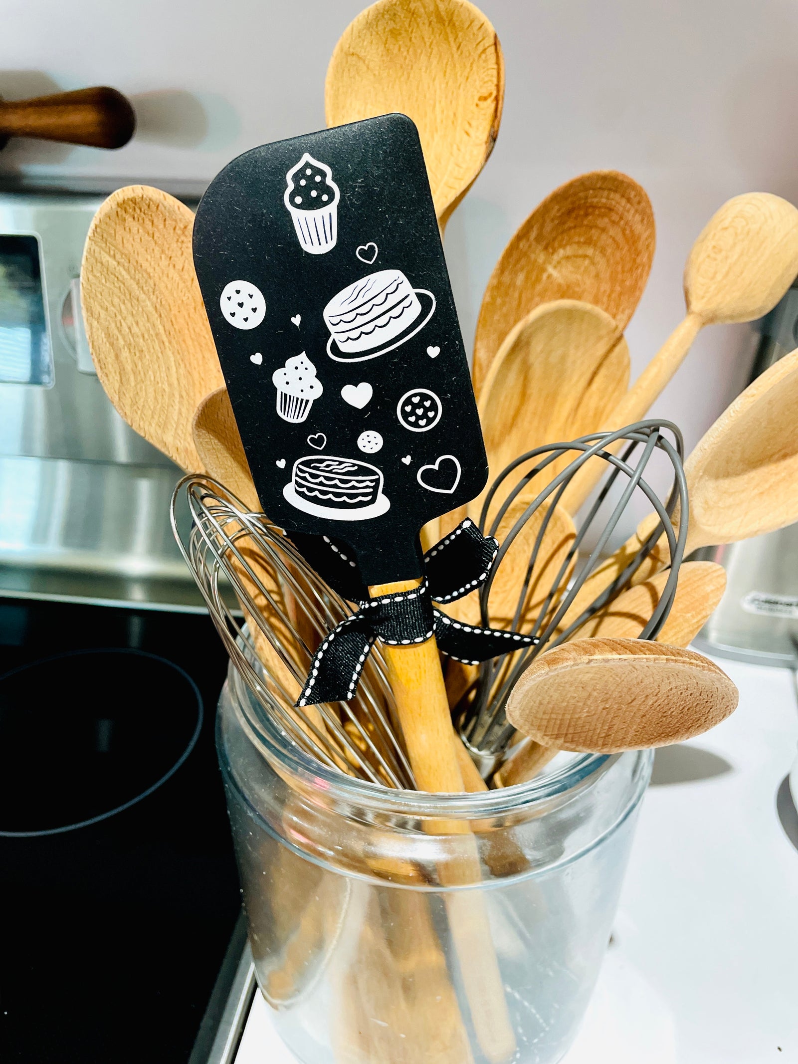 The Canton Christmas Shop Baking Is Love Made Edible Black Silicone Spatula with Wood Handle and Gift Bow Ribbon with Hanging Loop