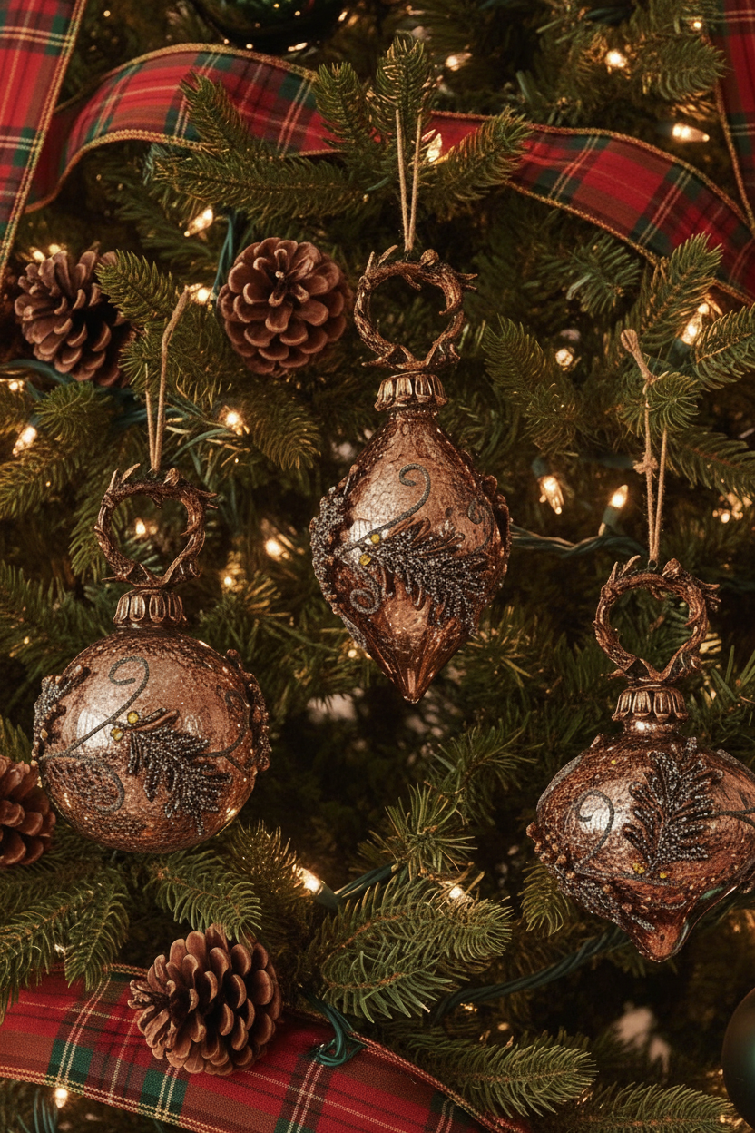 A close-up of a decorated Christmas tree with green and metallic ornaments, pinecones, warm white string lights, and red plaid ribbons.