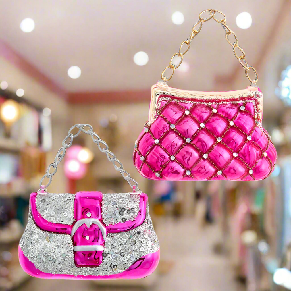 The Canton Christmas Shop Barbie Style Designer Glittered Pink Glass Purse Ornament by Kurt Adler