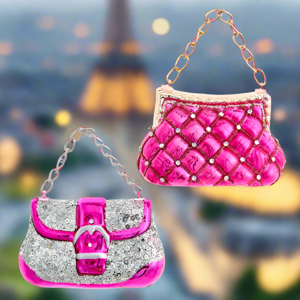 The Canton Christmas Shop Barbie Style Designer Glittered Pink Glass Purse Ornament by Kurt Adler