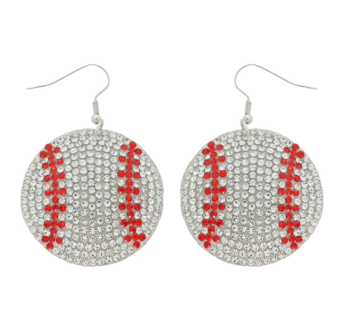Christmas Cheer All Year Baseball-shaped earrings with red and silver design on a white background