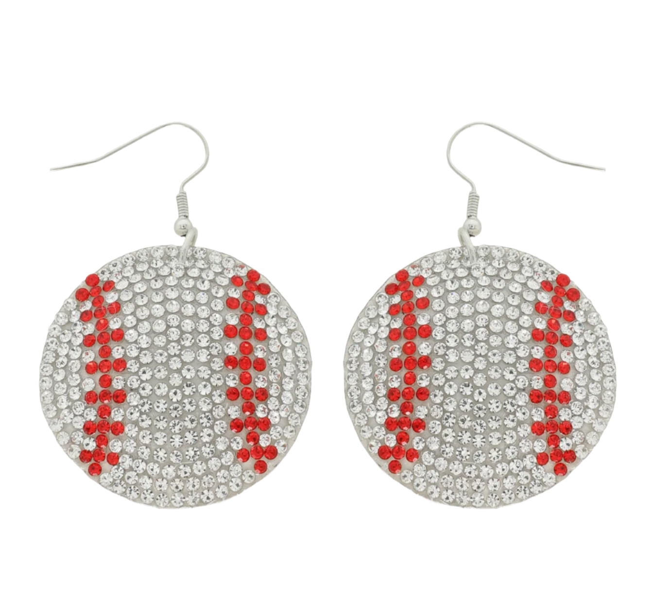 Christmas Cheer All Year Baseball-shaped earrings with red and silver design on a white background