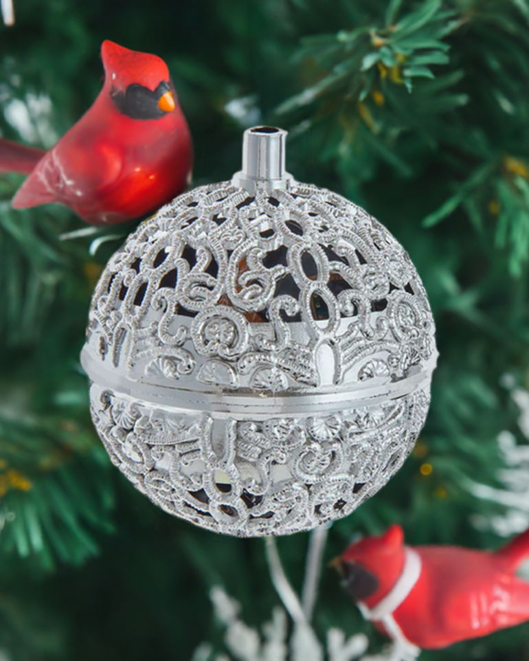 Christmas Cheer All Year Battery Operated Chirping Bird Ornament Silver Kurt Adler on Christmas tree with cardinals