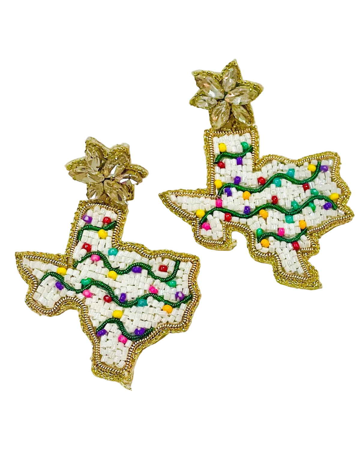 Christmas Cheer All Year Decorative seed baed earrings shaped like Texas with colorful strings of holiday lights that dangle from a gemstone star