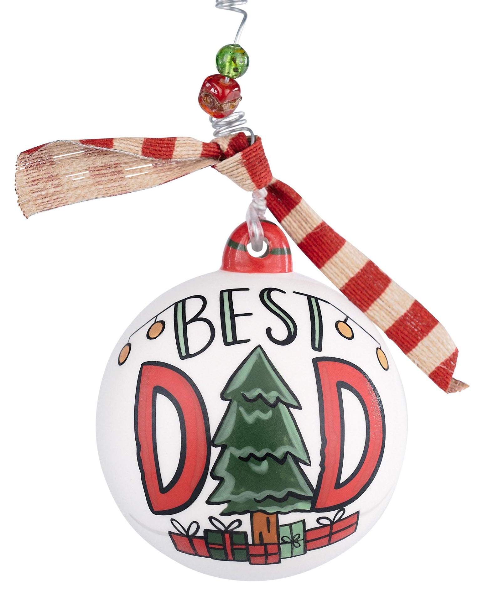Christmas Cheer All Year Best Dad Handpainted Ceramic Christmas Ornament by Glory Haus with Ribbon Tie and Beads