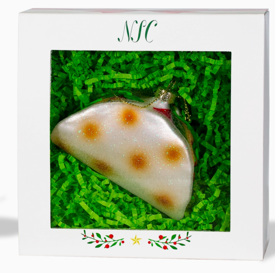The Canton Christmas Shop Big Taco Glass Ornament in gift box in a mexican restaurant 