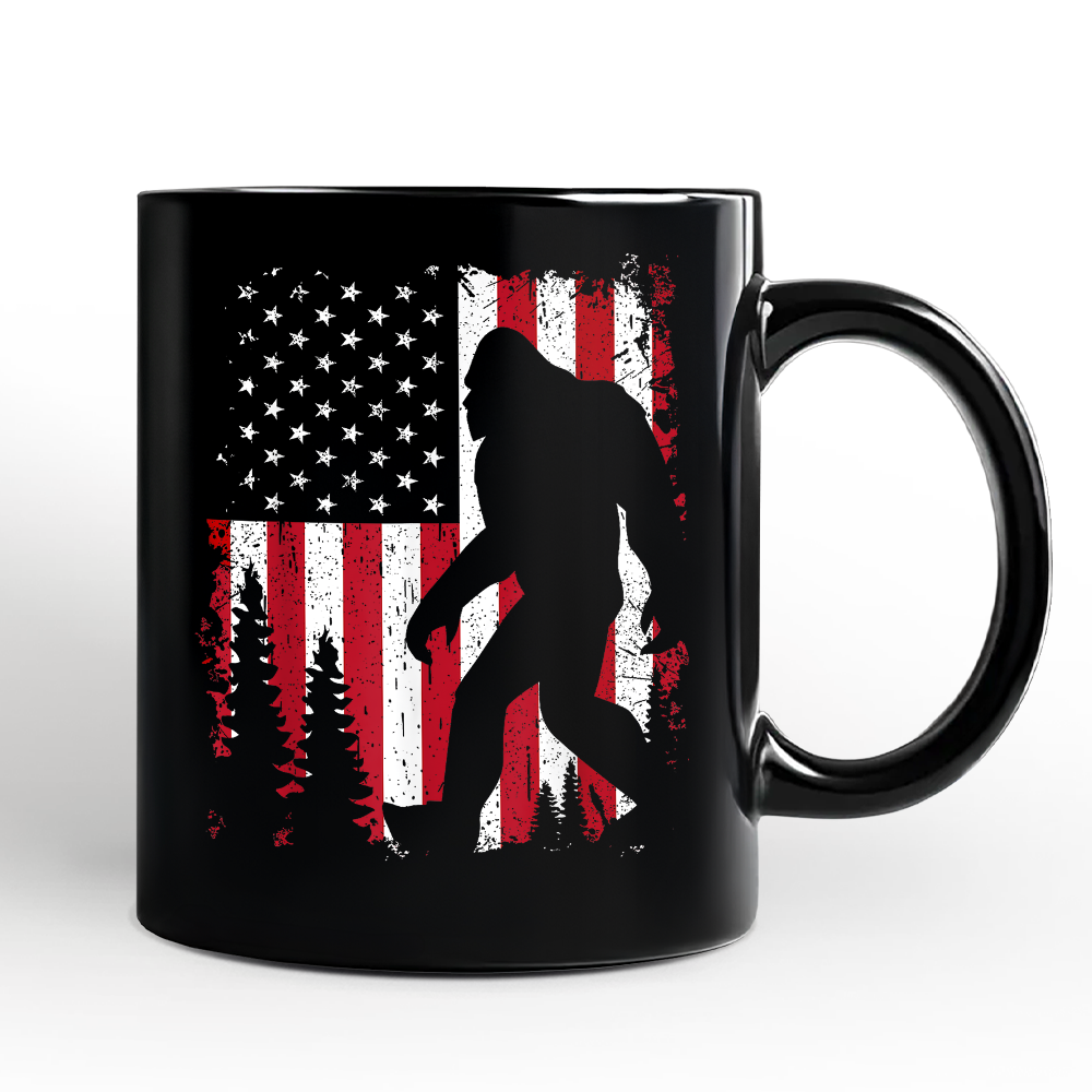 Christmas Cheer All Year Bigfoot Sasquatch Mug with American Flag 