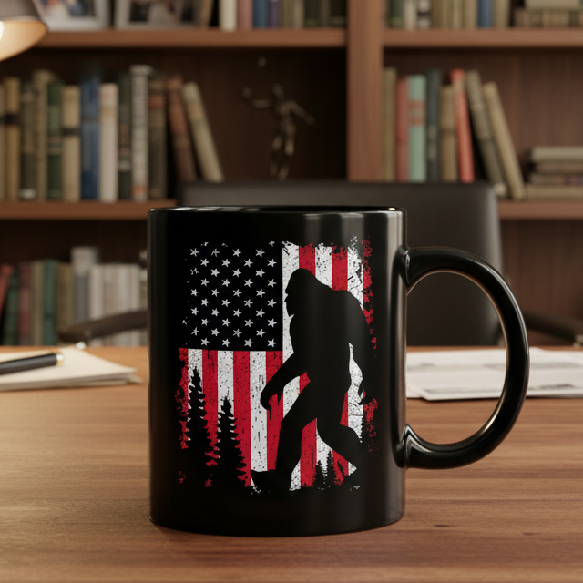 Christmas Cheer All Year Bigfoot Sasquatch 250th Anniversary Mug with American Flag on desk with bookcase