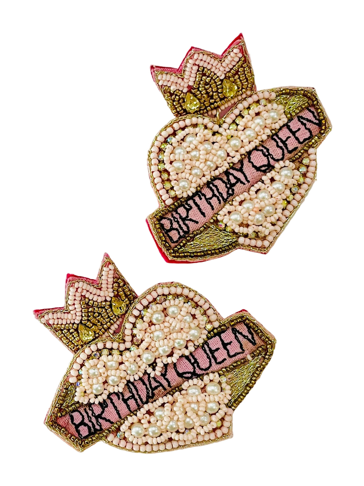 Christmas cheer all year, birthday queen crown earrings, heart shaped with birthday queen, banner, and pink and pearls