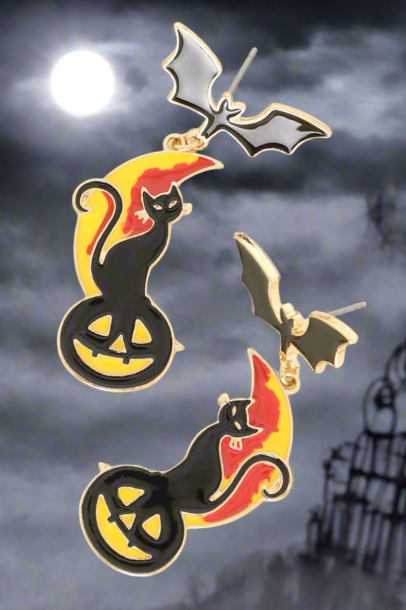Pair of earrings with black cats and bats against a dark sky with moon and clouds Christmas Cheer All Year