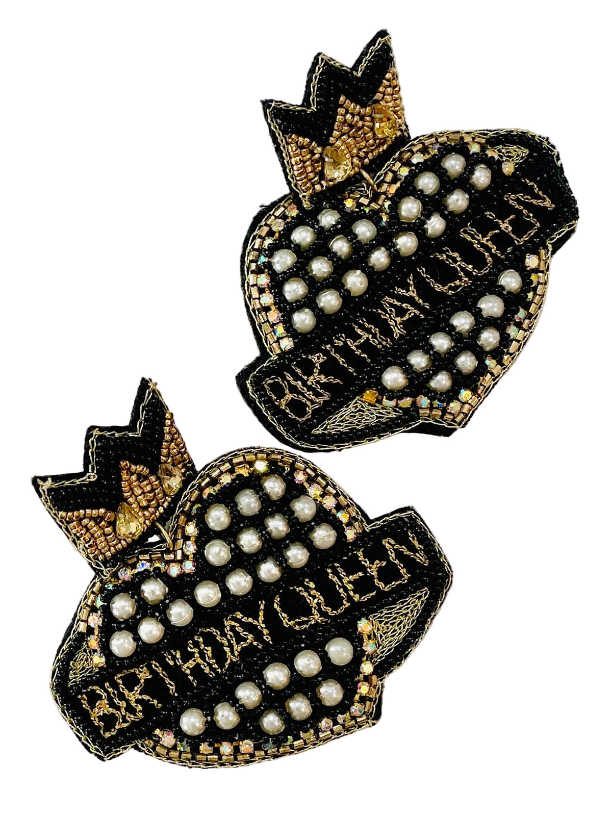 Christmas cheer all year, black and gold, pearl embroidered birthday queen earrings