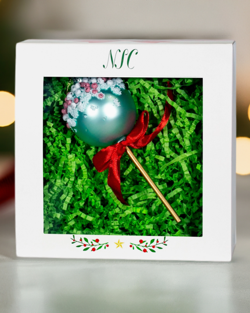Christmas Cheer All Year Blue Glittery Cake Pop Glass Ornament Gift Boxed