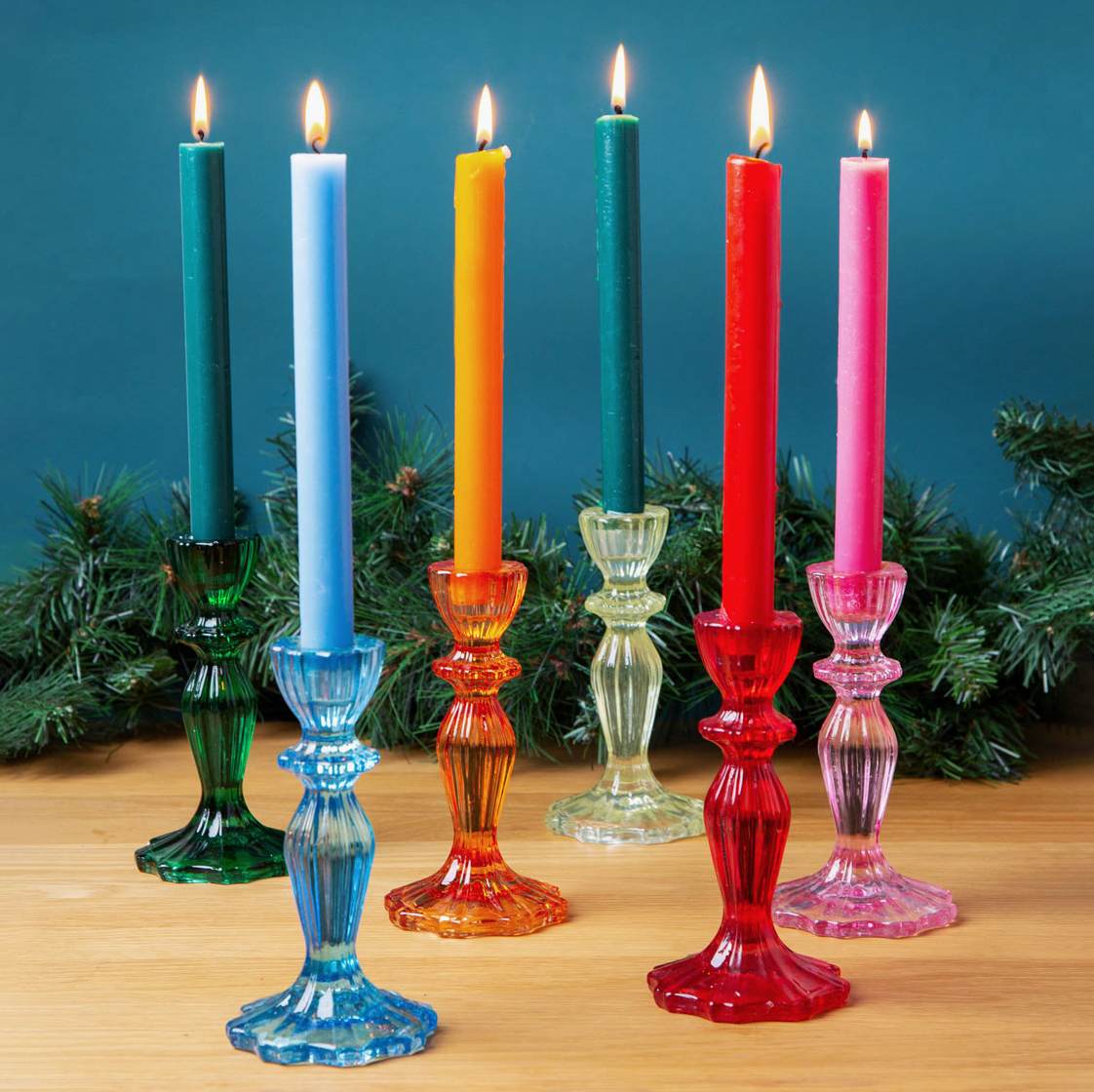 The Canton Christmas Shop Shades of Blue and Green Retro Midcentury Glass Candle Holders Candlesticks for holidays parties birthdays Christmas candles