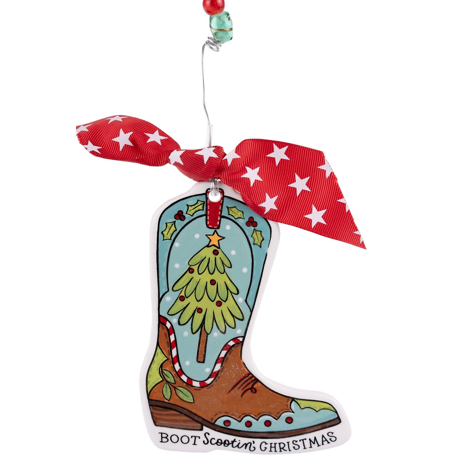 Christmas Cheer All Year Boot Scootin' Christmas Decorative boot ornament with Christmas tree design and red ribbon Glory Haus