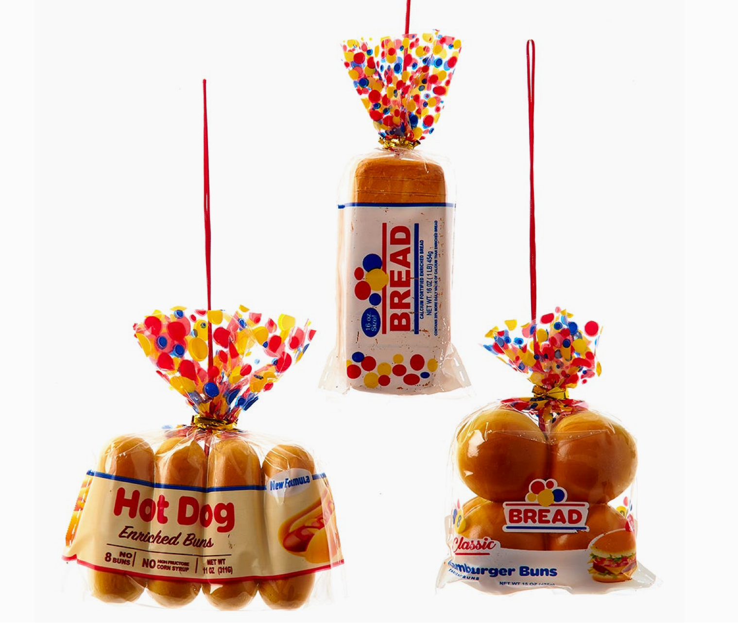 Christmas Cheer All Year Bags of bread and hot dog and hamburger buns with colorful plastic Bags