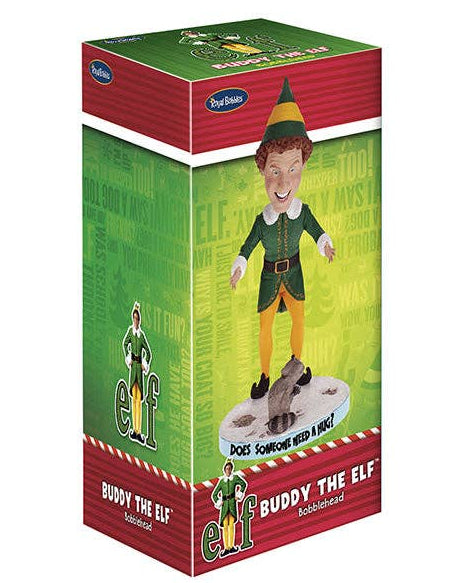 Christmas Cheer All Year Scene from Elf the Movie Bobblehead figure of Buddy the Elf in green and yellow elf costume and hat with a raccoon on base that says "does someone need a hug?"