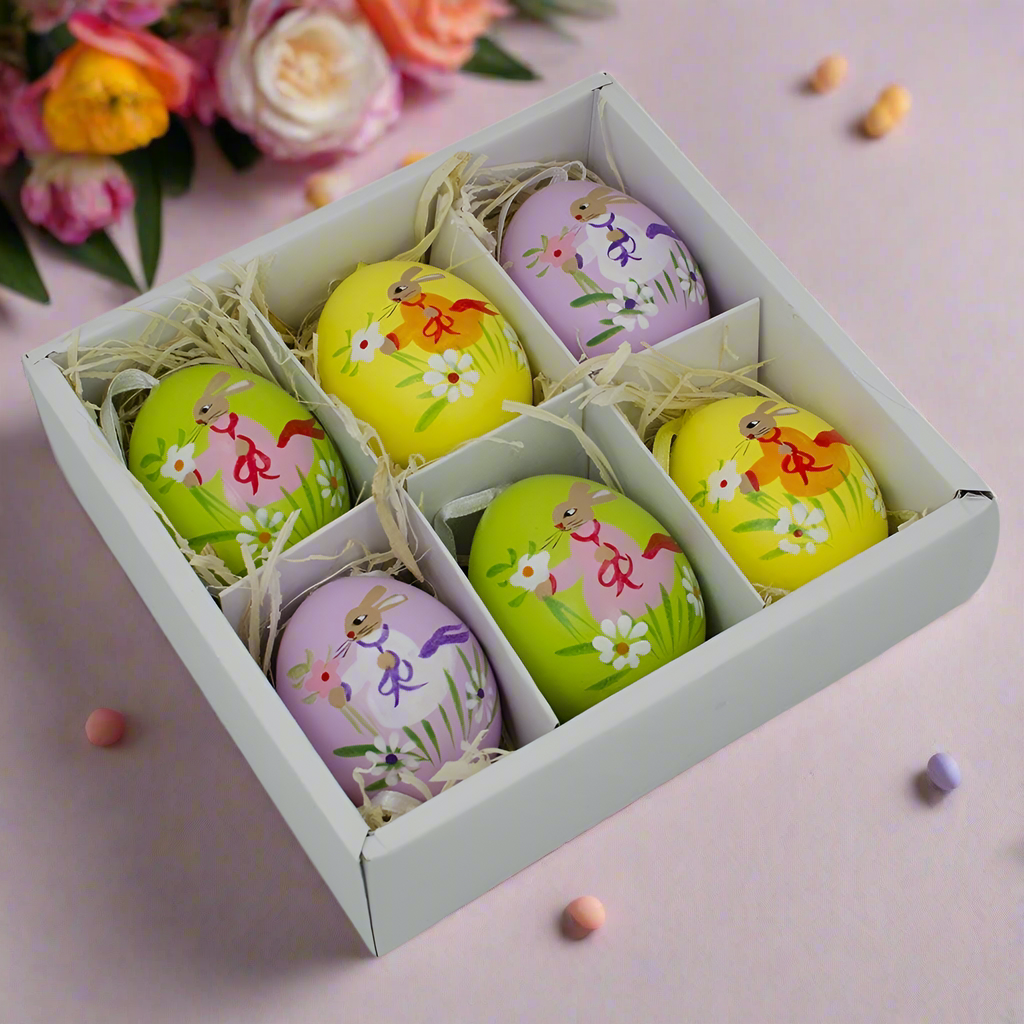 Christmas Cheer All Year Bunny Rabbit painted easter resurrection eggs in box set of six for holiday egg hunt display decor