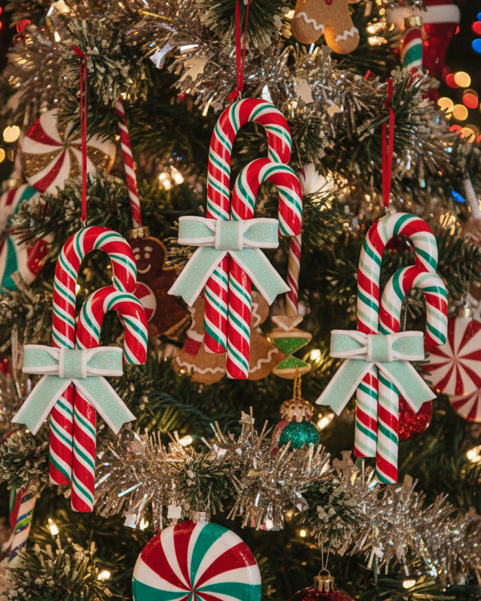 Christmas Cheer All year candy cane ornaments with mint green bows for candy cane lane decor christmas tree
