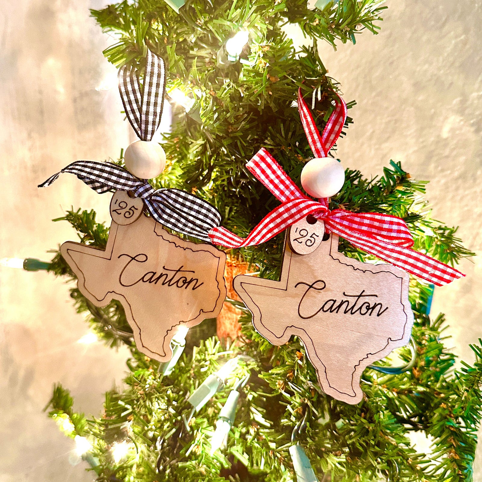 Christmas Cheer All Year custom made wood Texas shaped ornaments with the word Canton and year 2025