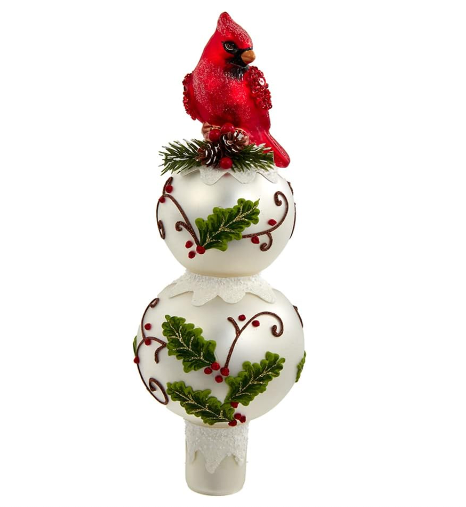 Christmas Cheer All Year Decorative Christmas tree topper with a red cardinal on top with holly design.