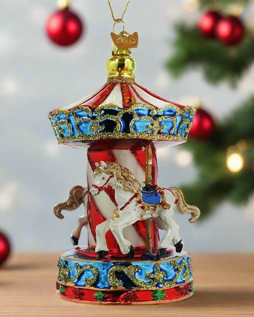Christmas Cheer All Year Noble Gems Carousel Glass Ornament with horses glitter Kurt Adler