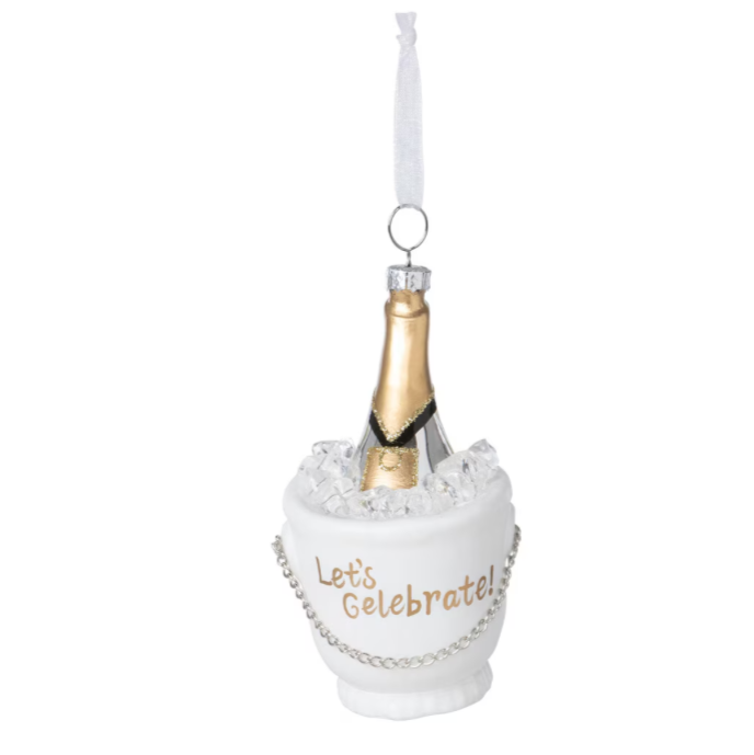 The Canton Christmas Shop Champagne Toast Glass Ornament Champagne Bottle on Ice Let's Celebrate Park Hill Collection