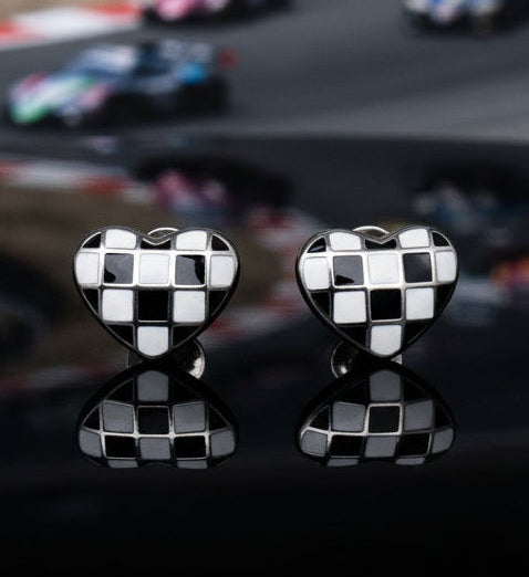 Amanda Bright Designs Checkered Flag Heart Stud Earrings for racing fans fashion