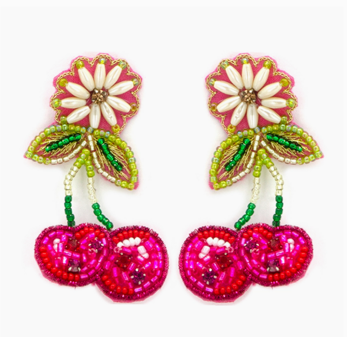 Colorful beaded earrings with flowers and cherries on a white background