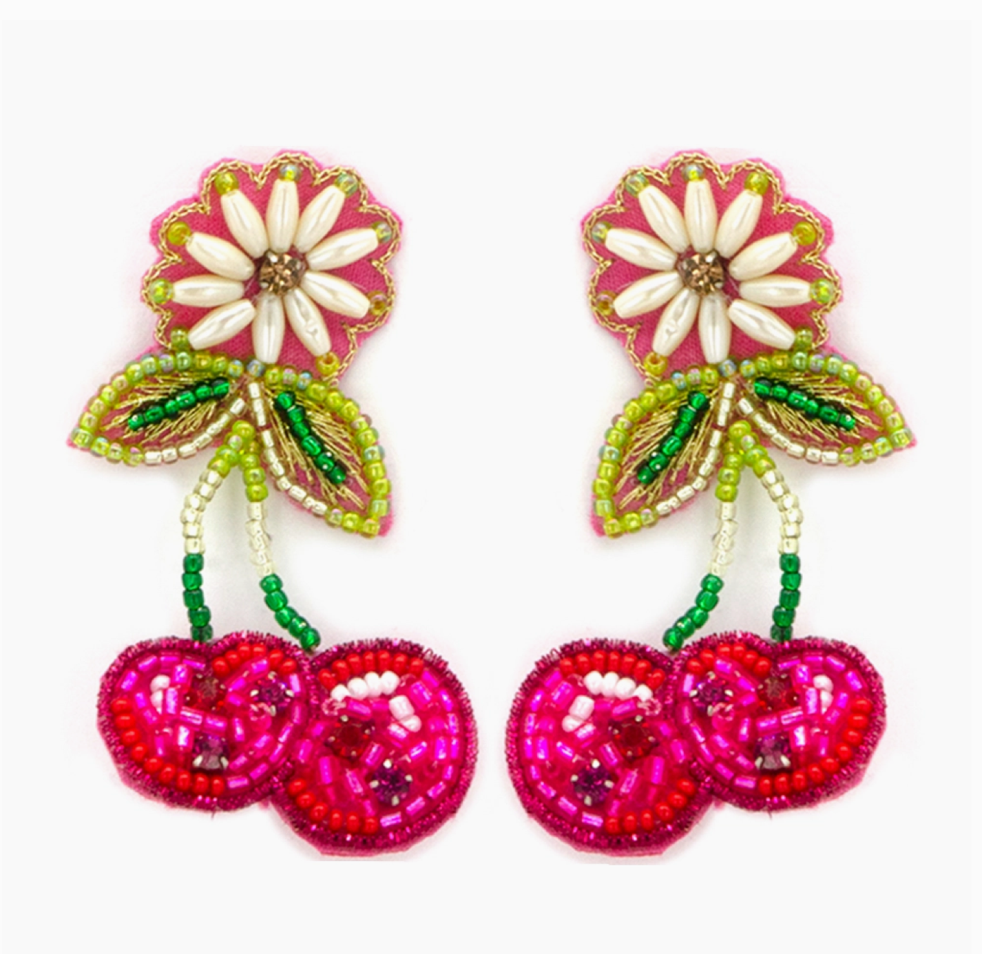 Colorful beaded earrings with flowers and cherries on a white background