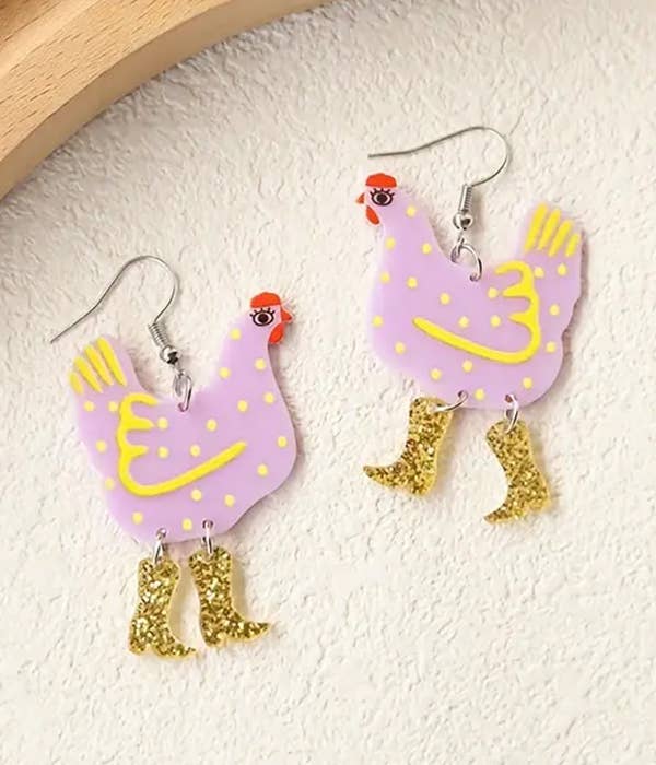 Colorful chicken-shaped earrings with polka dots and gold boots