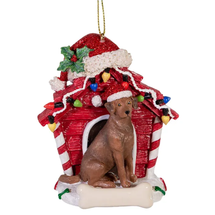 The Canton Christmas Shop Chocolate Labrador Retriever With Dog House Ornament For Personalization by Kurt Adler