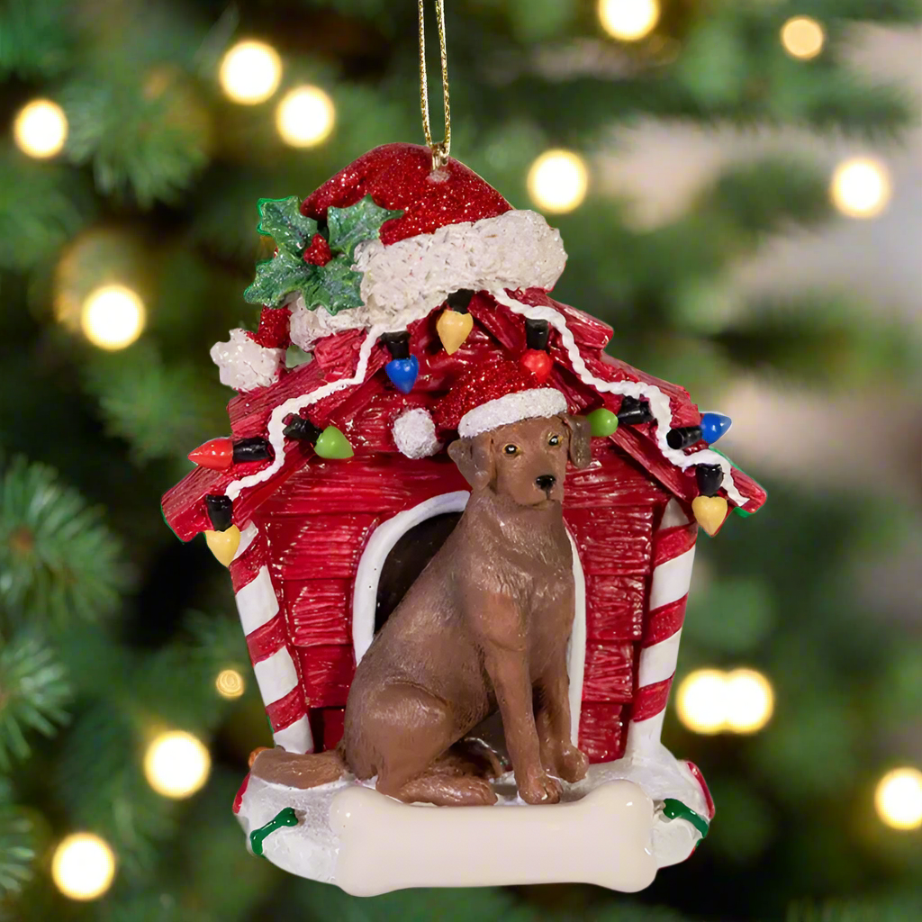 The Canton Christmas Shop Chocolate Labrador Retriever With Dog House Ornament For Personalization by Kurt Adler