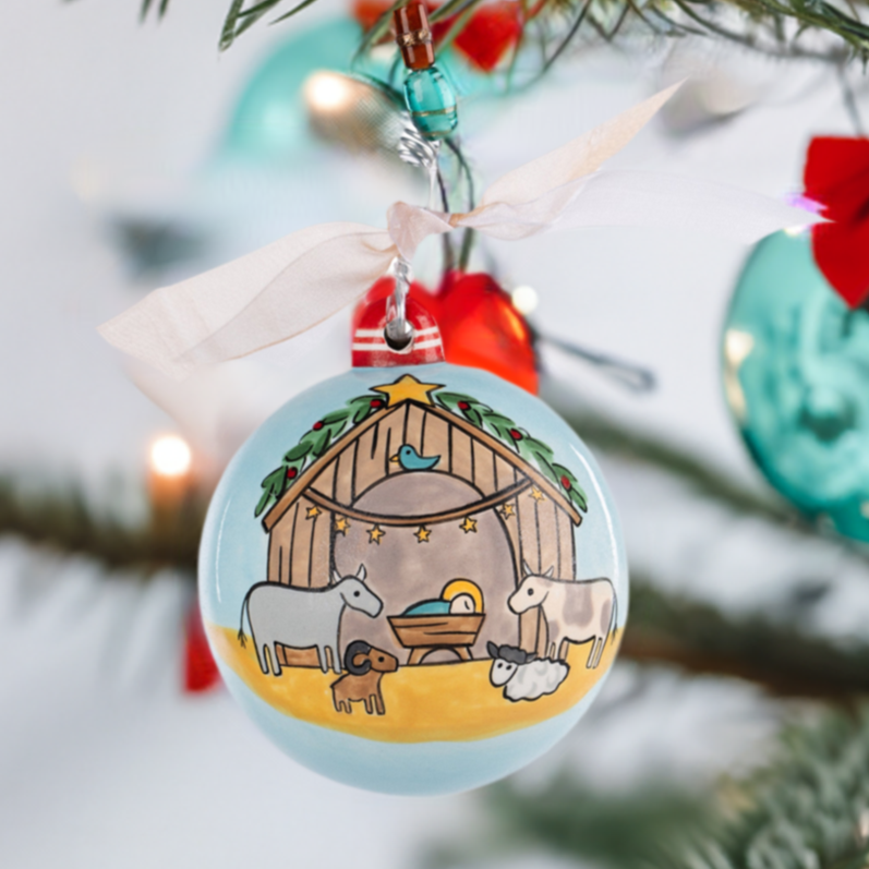 The Canton Christmas Shop Christ the Savior Is Born Ornament by Glory Haus Nativity Scene with cow donkey sheep ram Jesus Star of Bethlehem