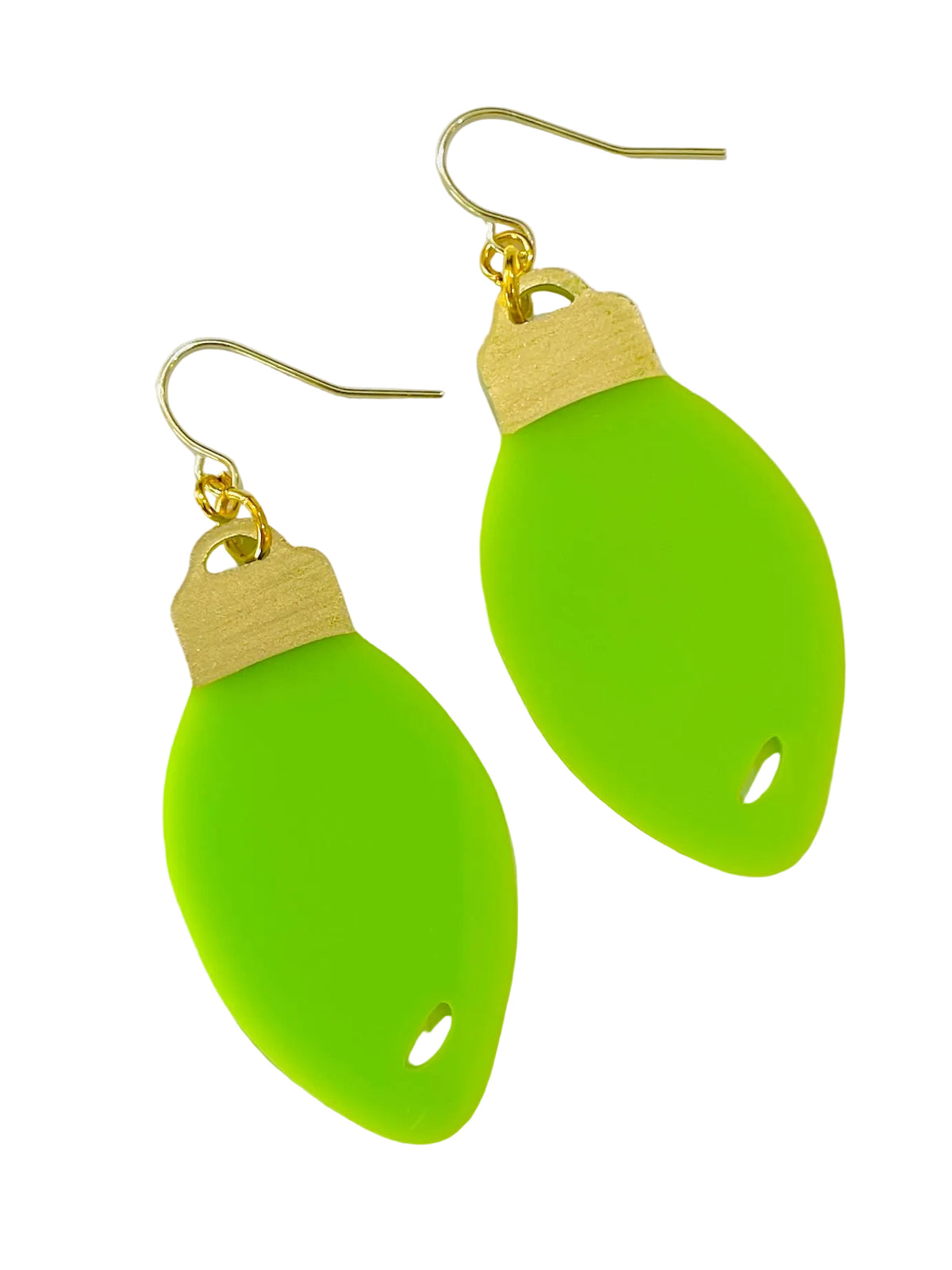 Christmas Cheer All Year pair of dangle earrings shaped like Christmas light bulbs, featuring bright lime green acrylic bulb with gold-tone metal hooks and caps, displayed on a clean white background.