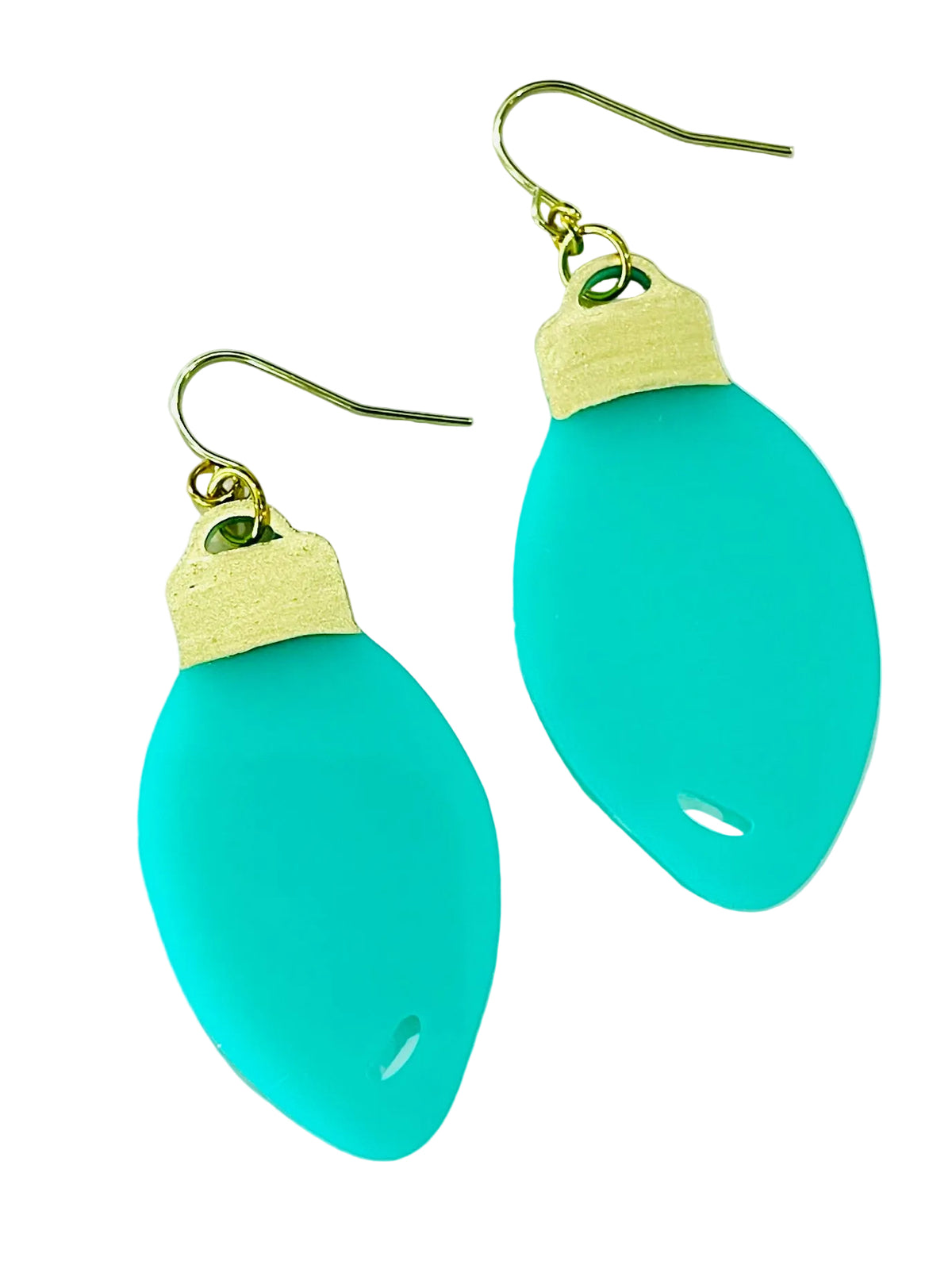 Christmas Cheer All Year pair of light bulb-shaped drop earrings with bright turquoise blue acrylic bodies, textured gold caps, and gold fishhook ear wires, displayed on a clean white background.