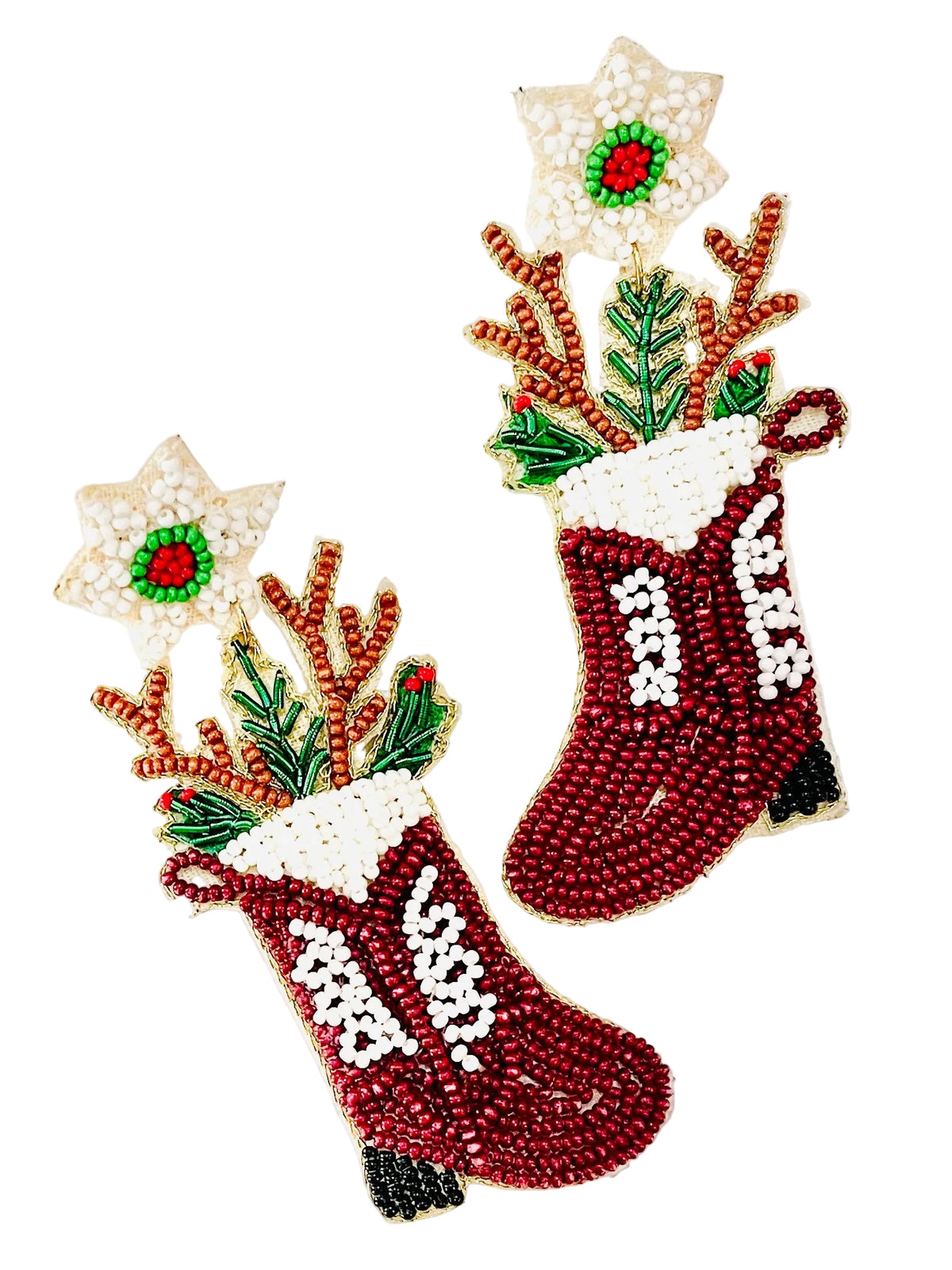 Christmas cheer all year, cowboy boot earrings with white socks, poinsettia, and scrolling