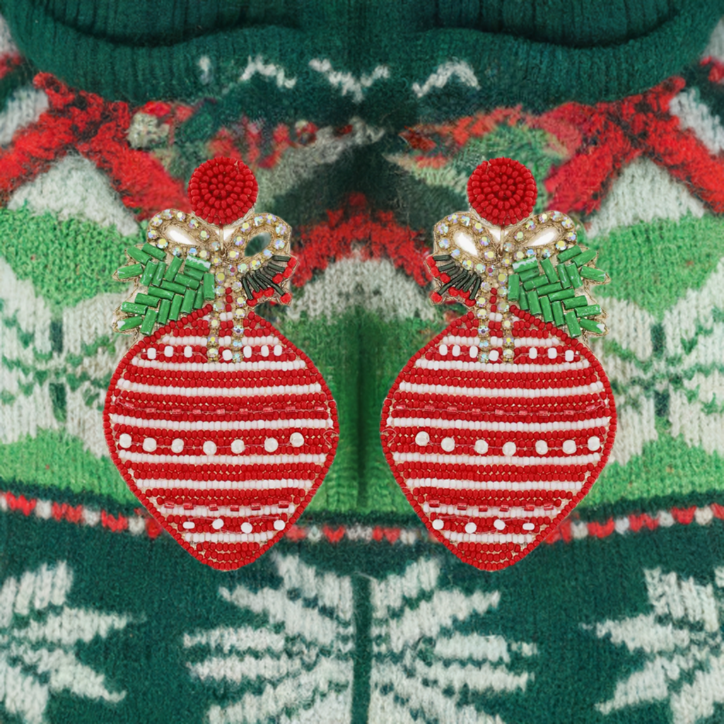 Christmas Cheer All Year Christmas Ornament Beaded Jeweled Earrings with Rhinestone Bow Red and White