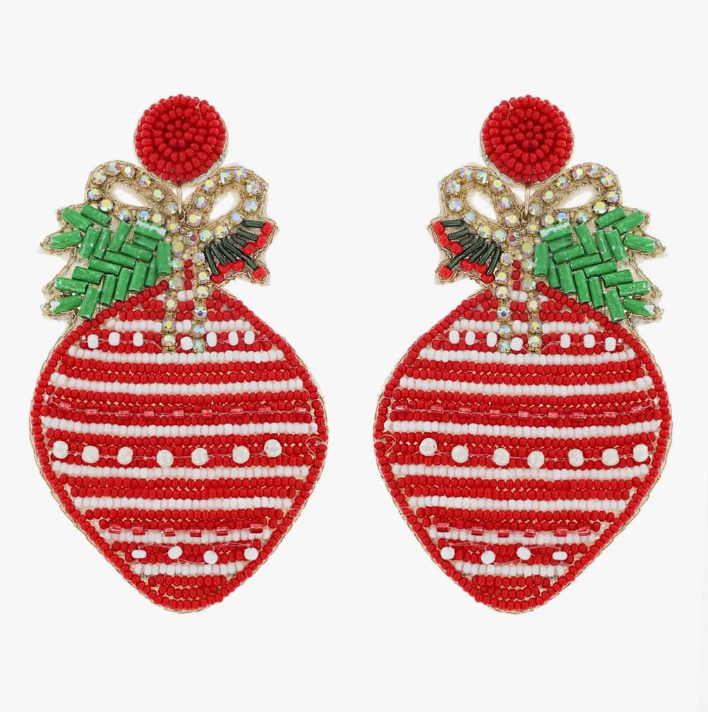 Christmas Cheer All Year Christmas Ornament Beaded Jeweled Earrings with Rhinestone Bow Red and White