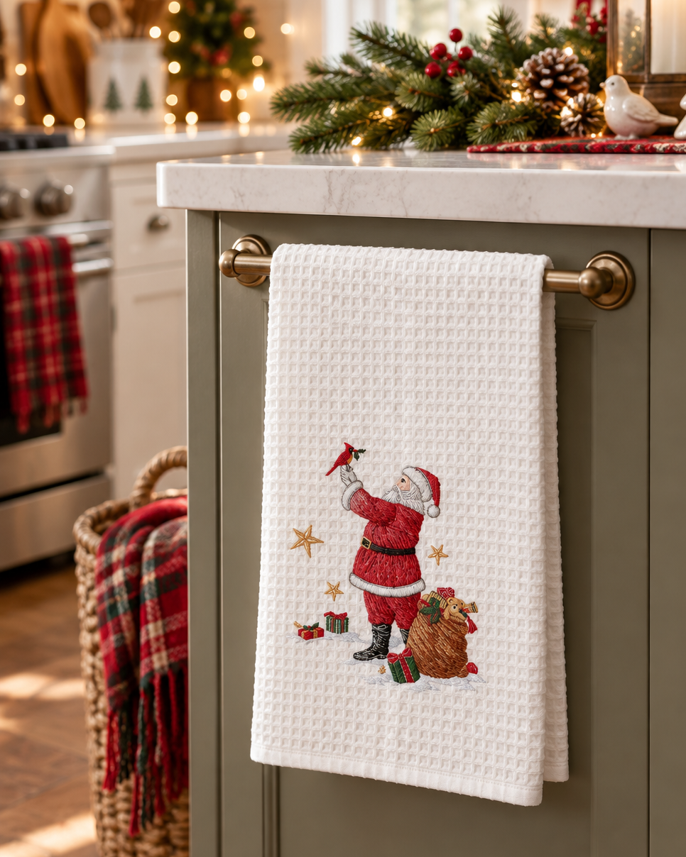 Christmas Cheer All Year christmas cotton towel with santa and his bag of toys holding a cardinal