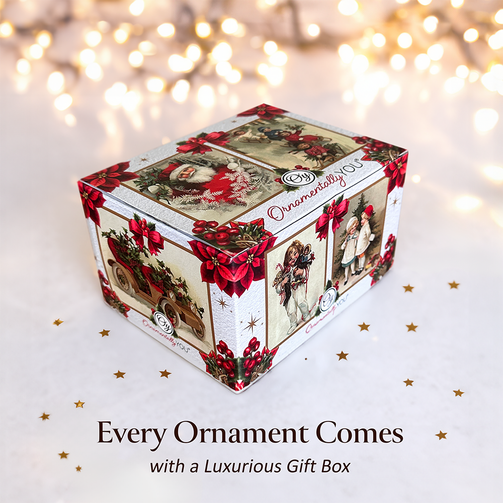Decorative gift box with Christmas-themed illustrations on a soft focus background