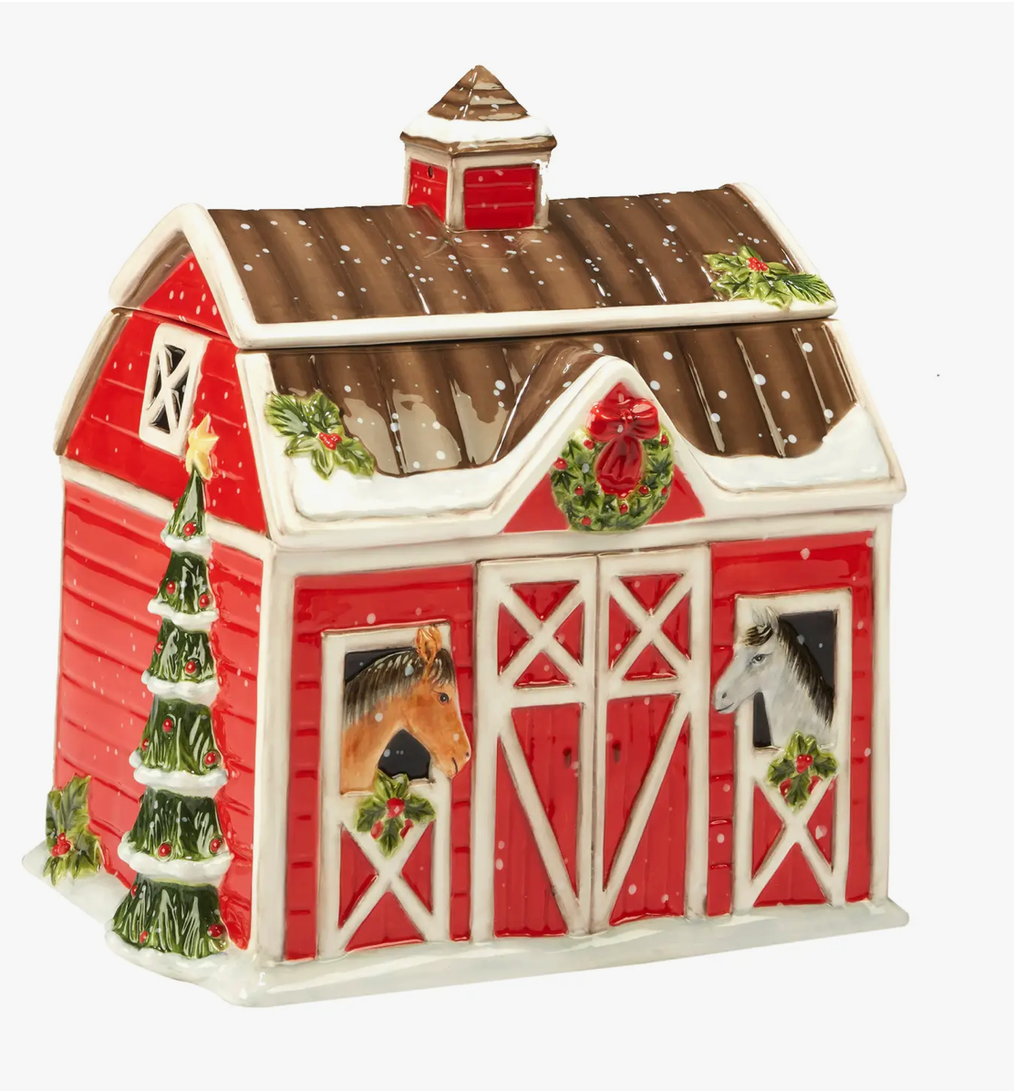The Canton Christmas Shop Christmas on the Farm 3D Barn Cookie Jar on white background