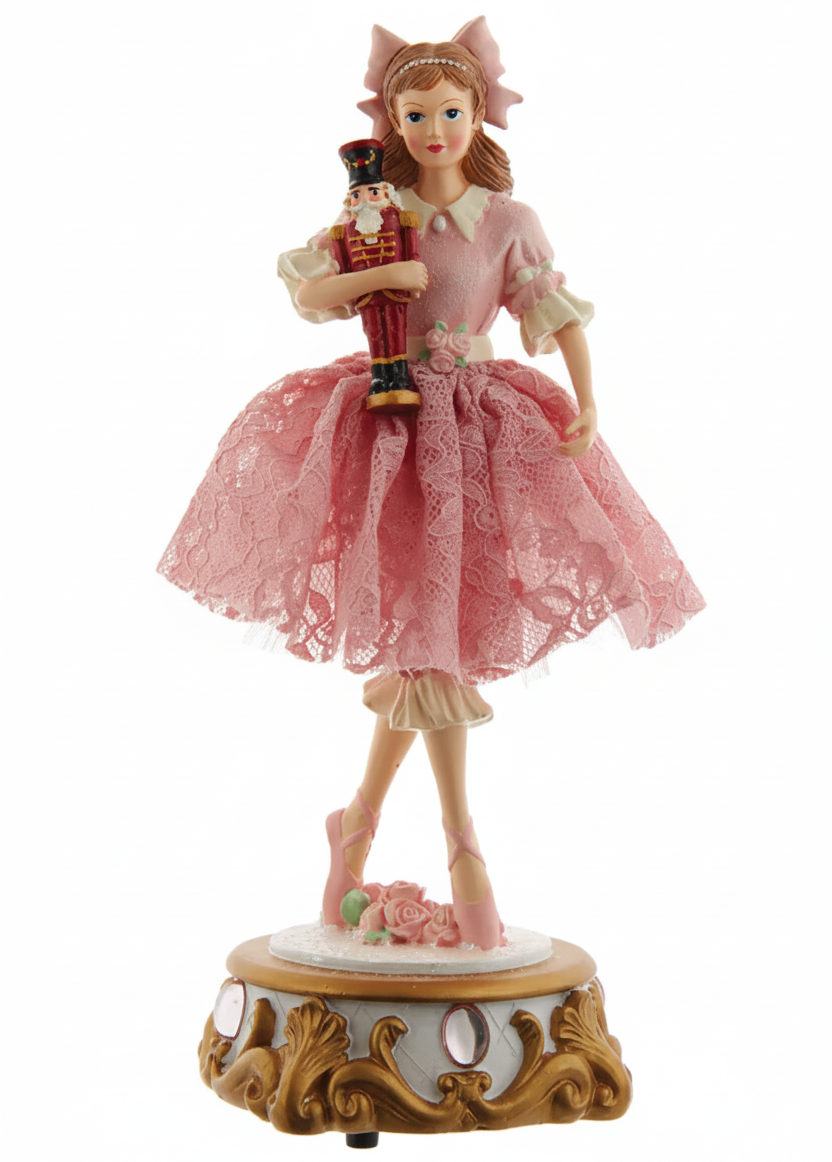 Christmas Cheer All Year Clara holding nutcracker doll in pink lace tutu standing on jeweled base of musical tabletop decor that plays dance of the sugar plum fairy