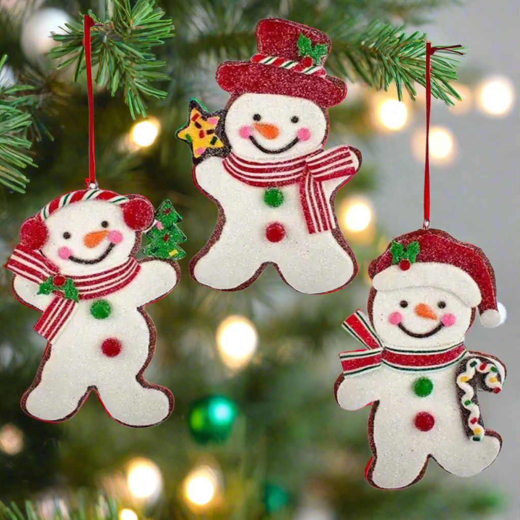 The Canton Christmas Shop Glittered Claydough Snowman Ornament Assortment Top Hat Ear Muffs Santa hat