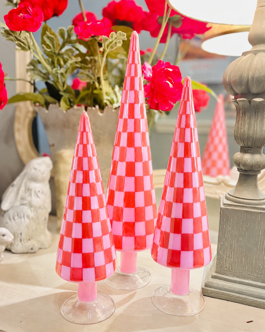 Cody Foster &amp; Co. 18.25" Pink and Red Checkered Trees - Set of 3